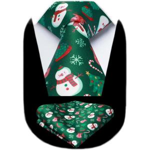 imageHISDERN Christmas Ties for Men Holiday Festival Funny Tie and Pocket Square Set Vacation Xmas Party Necktie HandkerchiefA5 Hunt Green