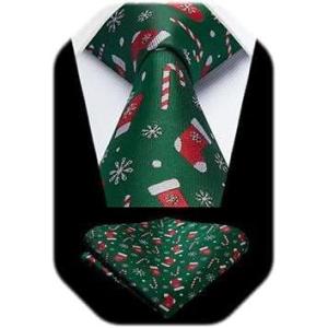 imageHISDERN Christmas Ties for Men Holiday Festival Funny Tie and Pocket Square Set Vacation Xmas Party Necktie HandkerchiefA6 GreenSock