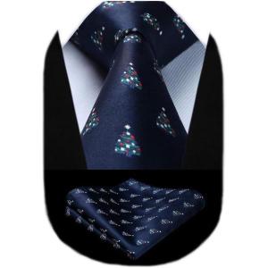 imageHISDERN Christmas Ties for Men Holiday Festival Funny Tie and Pocket Square Set Vacation Xmas Party Necktie HandkerchiefC2 Navy Blue