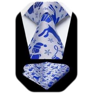 imageHISDERN Christmas Ties for Men Holiday Festival Funny Tie and Pocket Square Set Vacation Xmas Party Necktie HandkerchiefC9 Blue  Reindeer