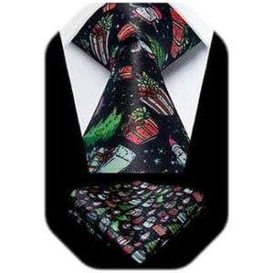 imageHISDERN Christmas Ties for Men Holiday Festival Funny Tie and Pocket Square Set Vacation Xmas Party Necktie HandkerchiefD2 Black Christmas Tree