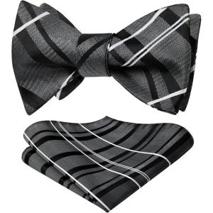 imageHISDERN Bow Ties for Men Striped Bowties Mens Self Tie Bowtie Handkerchief Formal Tuxedo Wedding Bowties and Pocket Square02black Grey