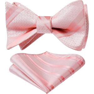 imageHISDERN Bow Ties for Men Striped Bowties Mens Self Tie Bowtie Handkerchief Formal Tuxedo Wedding Bowties and Pocket Square05pink