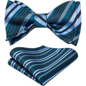 imageHISDERN Bow Ties for Men Striped Bowties Mens Self Tie Bowtie Handkerchief Formal Tuxedo Wedding Bowties and Pocket Square07blue 02