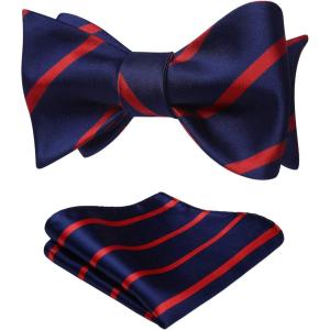 imageHISDERN Bow Ties for Men Striped Bowties Mens Self Tie Bowtie Handkerchief Formal Tuxedo Wedding Bowties and Pocket Square07red Navy