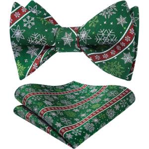 imageHISDERN Christmas Bow Ties for Men Xmas Selftied Bowties and Pocket Square Set Festival Woven Bowtie Handkerchief02green  Red  Whitesnowflake