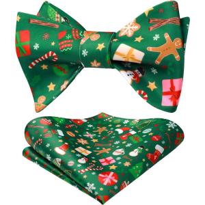 imageHISDERN Christmas Bow Ties for Men Xmas Selftied Bowties and Pocket Square Set Festival Woven Bowtie Handkerchief02greenchristmas Pattern