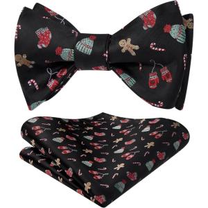 imageHISDERN Christmas Bow Ties for Men Xmas Selftied Bowties and Pocket Square Set Festival Woven Bowtie Handkerchief03black  Red Candy Canechristmas Socks