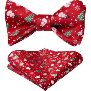 imageHISDERN Christmas Bow Ties for Men Xmas Selftied Bowties and Pocket Square Set Festival Woven Bowtie Handkerchief03redsnowman
