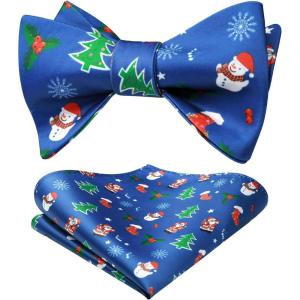 imageHISDERN Christmas Bow Ties for Men Xmas Selftied Bowties and Pocket Square Set Festival Woven Bowtie Handkerchief04navy Bluesanta Claus
