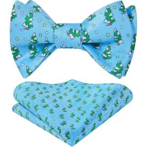 imageHISDERN Christmas Bow Ties for Men Xmas Selftied Bowties and Pocket Square Set Festival Woven Bowtie Handkerchief05light Blue  Green Christmas Tree