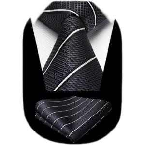 imageHISDERN Mens Striped Ties Classic Silk Woven Tie and Pocket Square Set Formal Business Necktie Handkerchief for WeddingBlack1