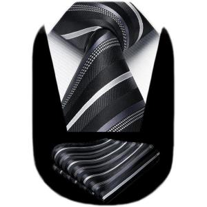 imageHISDERN Mens Striped Ties Classic Silk Woven Tie and Pocket Square Set Formal Business Necktie Handkerchief for WeddingBlack2