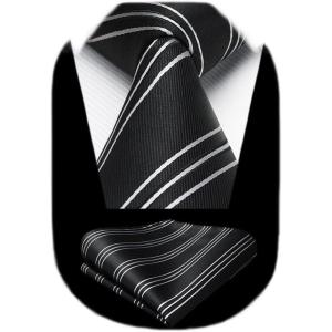 imageHISDERN Mens Striped Ties Classic Silk Woven Tie and Pocket Square Set Formal Business Necktie Handkerchief for WeddingBlack3