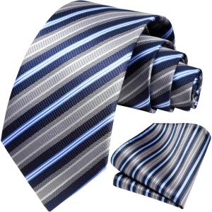 imageHISDERN Mens Striped Ties Classic Silk Woven Tie and Pocket Square Set Formal Business Necktie Handkerchief for WeddingBluegray