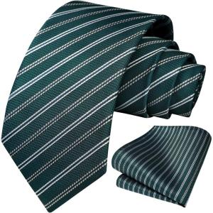 imageHISDERN Mens Striped Ties Classic Silk Woven Tie and Pocket Square Set Formal Business Necktie Handkerchief for WeddingDark Green