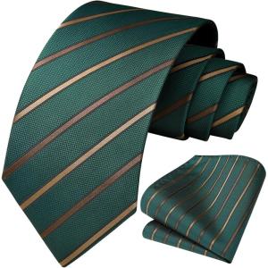 imageHISDERN Mens Striped Ties Classic Silk Woven Tie and Pocket Square Set Formal Business Necktie Handkerchief for WeddingGreen