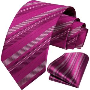 imageHISDERN Mens Striped Ties Classic Silk Woven Tie and Pocket Square Set Formal Business Necktie Handkerchief for WeddingHot Pink1