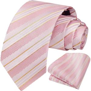 imageHISDERN Mens Striped Ties Classic Silk Woven Tie and Pocket Square Set Formal Business Necktie Handkerchief for WeddingLight Pink