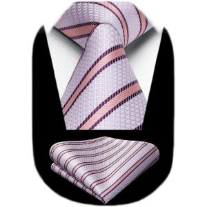 imageHISDERN Mens Striped Ties Classic Silk Woven Tie and Pocket Square Set Formal Business Necktie Handkerchief for WeddingPink