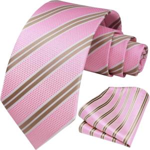 imageHISDERN Mens Striped Ties Classic Silk Woven Tie and Pocket Square Set Formal Business Necktie Handkerchief for WeddingPink1