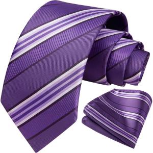 imageHISDERN Mens Striped Ties Classic Silk Woven Tie and Pocket Square Set Formal Business Necktie Handkerchief for WeddingPurple 1
