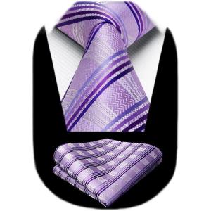 imageHISDERN Mens Striped Ties Classic Silk Woven Tie and Pocket Square Set Formal Business Necktie Handkerchief for WeddingPurple