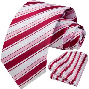 imageHISDERN Mens Striped Ties Classic Silk Woven Tie and Pocket Square Set Formal Business Necktie Handkerchief for WeddingRed1