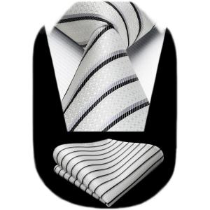 imageHISDERN Mens Striped Ties Classic Silk Woven Tie and Pocket Square Set Formal Business Necktie Handkerchief for WeddingWhite