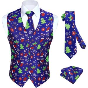 imageHISDERN Mens Suit Vest Christmas Holiday Season Party Jacquard Waistcoats Necktie Pocket Square Vest Suit SetBlue1