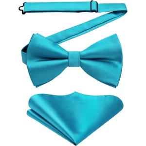 imageHISDERN Bow Ties for Men Solid Color PreTie Bow Tie and Pocket Square Set Classic Formal Tuxedo Bowties for Wedding PartyBteal