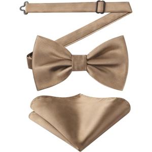 imageHISDERN Bow Ties for Men Solid Color PreTie Bow Tie and Pocket Square Set Classic Formal Tuxedo Bowties for Wedding PartyTan