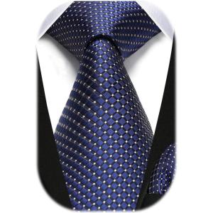 imageHISDERN Ties for Men Silk Extra Long Tie and Pocket Square Classic Plaid Checkered 63 inches Mens Neckties BusinessA2navy Blue 1