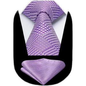 imageHISDERN Ties for Men Silk Extra Long Tie and Pocket Square Classic Plaid Checkered 63 inches Mens Neckties BusinessA9light Purple