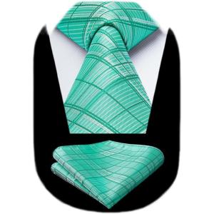 imageHISDERN Ties for Men Silk Extra Long Tie and Pocket Square Classic Plaid Checkered 63 inches Mens Neckties BusinessB6aqua Green