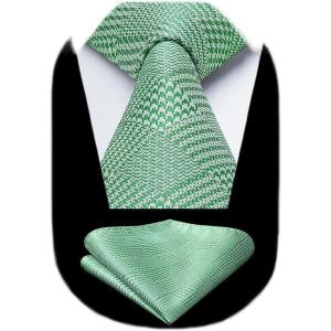 imageHISDERN Ties for Men Silk Extra Long Tie and Pocket Square Classic Plaid Checkered 63 inches Mens Neckties BusinessB6sage Green 2