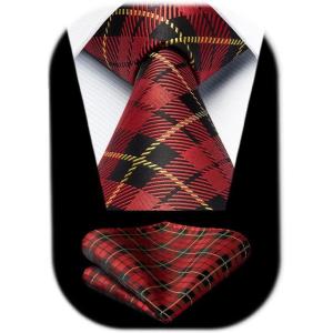 imageHISDERN Ties for Men Silk Extra Long Tie and Pocket Square Classic Plaid Checkered 63 inches Mens Neckties BusinessC6red 1