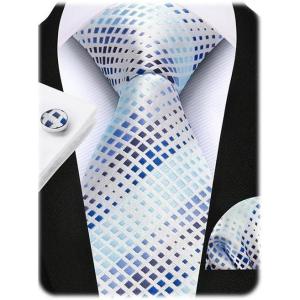 image:imageHISDERN Mens Ties Silk Striped Plaid Tie and Pocket Square Set Classic Necktie with Handkerchief Cufflinks for PartyBlight Blue