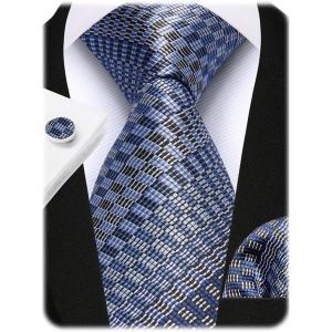 image:imageHISDERN Mens Ties Silk Striped Plaid Tie and Pocket Square Set Classic Necktie with Handkerchief Cufflinks for PartyBnavy Blue