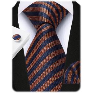 image:imageHISDERN Mens Ties Silk Striped Plaid Tie and Pocket Square Set Classic Necktie with Handkerchief Cufflinks for PartyOorange  Navy Blue