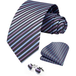 image:imageHISDERN Ties for Men Silk Stripe Plaid Tie Pocket Square Cufflinks Set Classic Necktie Formal Wedding BusinessBlue  Purple  Black