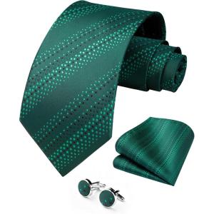 image:imageHISDERN Ties for Men Silk Stripe Plaid Tie Pocket Square Cufflinks Set Classic Necktie Formal Wedding BusinessEmerald Green