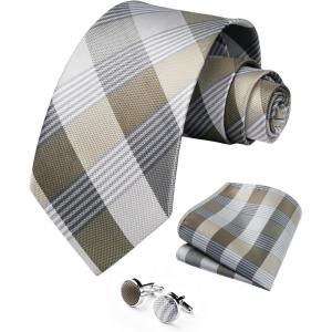 image:imageHISDERN Ties for Men Silk Stripe Plaid Tie Pocket Square Cufflinks Set Classic Necktie Formal Wedding BusinessGrey  Brown