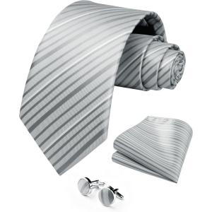 image:imageHISDERN Ties for Men Silk Stripe Plaid Tie Pocket Square Cufflinks Set Classic Necktie Formal Wedding BusinessGrey White