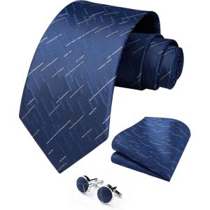 image:imageHISDERN Ties for Men Silk Stripe Plaid Tie Pocket Square Cufflinks Set Classic Necktie Formal Wedding BusinessNavy Blue