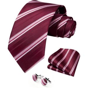 image:imageHISDERN Ties for Men Silk Stripe Plaid Tie Pocket Square Cufflinks Set Classic Necktie Formal Wedding BusinessRed