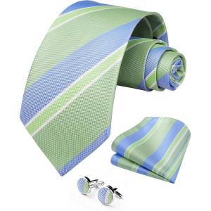 image:imageHISDERN Ties for Men Silk Stripe Plaid Tie Pocket Square Cufflinks Set Classic Necktie Formal Wedding BusinessSage Green  Blue