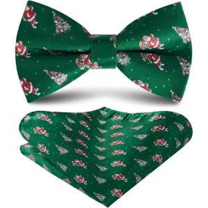 image:imageHISDERN Christmas Mens Bow Ties Set Holiday Festival Bow Tie and Pocket Square Set with Gift Box Bow Ties for Men PretiedGreen  Christmas Santa  Xmas Tree