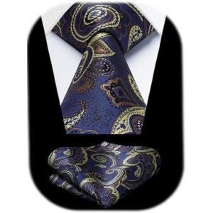 image:imageHISDERN Paisley Ties for Men Solid Tie Handkerchief Floral Mens Necktie amp Pocket Square Set Wedding Classic Mens TiesNavygold
