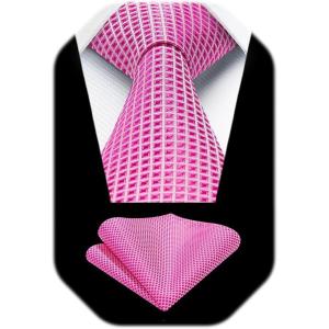 image:imageHISDERN Ties for Men Formal Business Plaid Checked Mens Ties and Pocket Square Set Classic Wedding Necktie HandkerchiefA1hot Pink